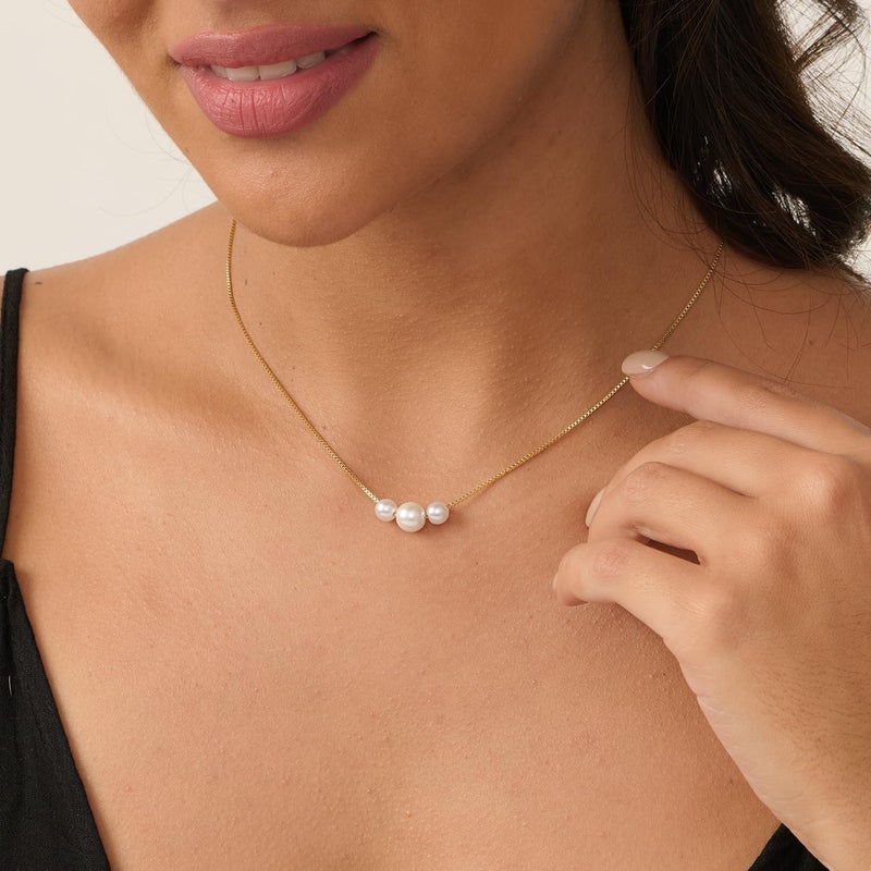 PRTGL Store Pearl Necklace: 14K Gold-Plated/White Gold-plated Pearl Necklace for Women 16.5” + 2” - Image 2